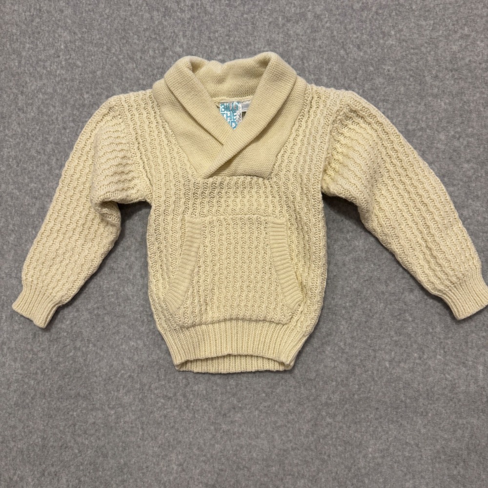 Billy The Kid Vintage‎ Kids Cream Shawl Collar Cable Knit Sweater Size 5 Pocket